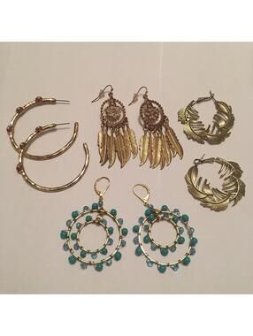 Lot Of 5 Gold Tone Hoop / Dangle Drop Earrings Pierced Statement Variety